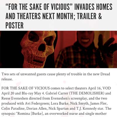 “FOR THE SAKE OF VICIOUS” INVADES HOMES AND THEATERS NEXT MONTH; TRAILER & POSTER